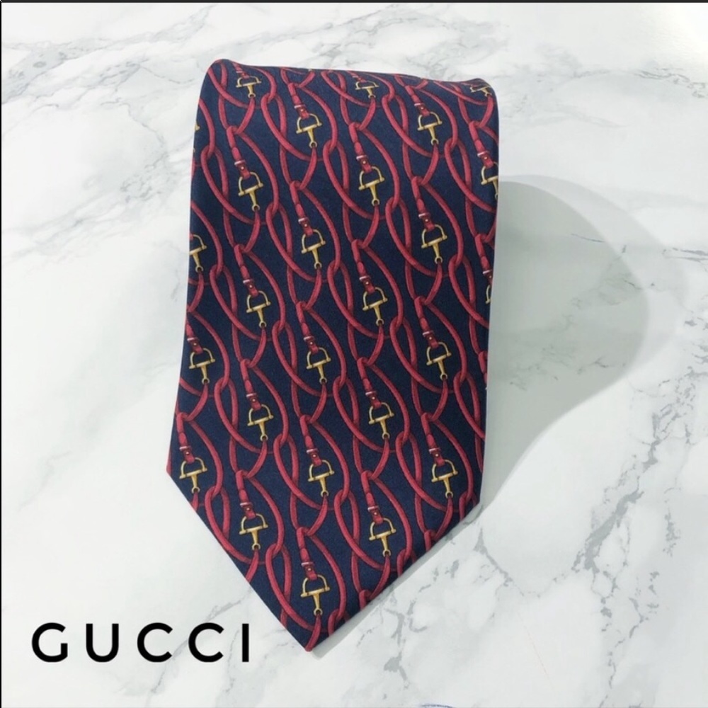 Gucci Red Blue Good Large Horsebit Silk Tie EUC